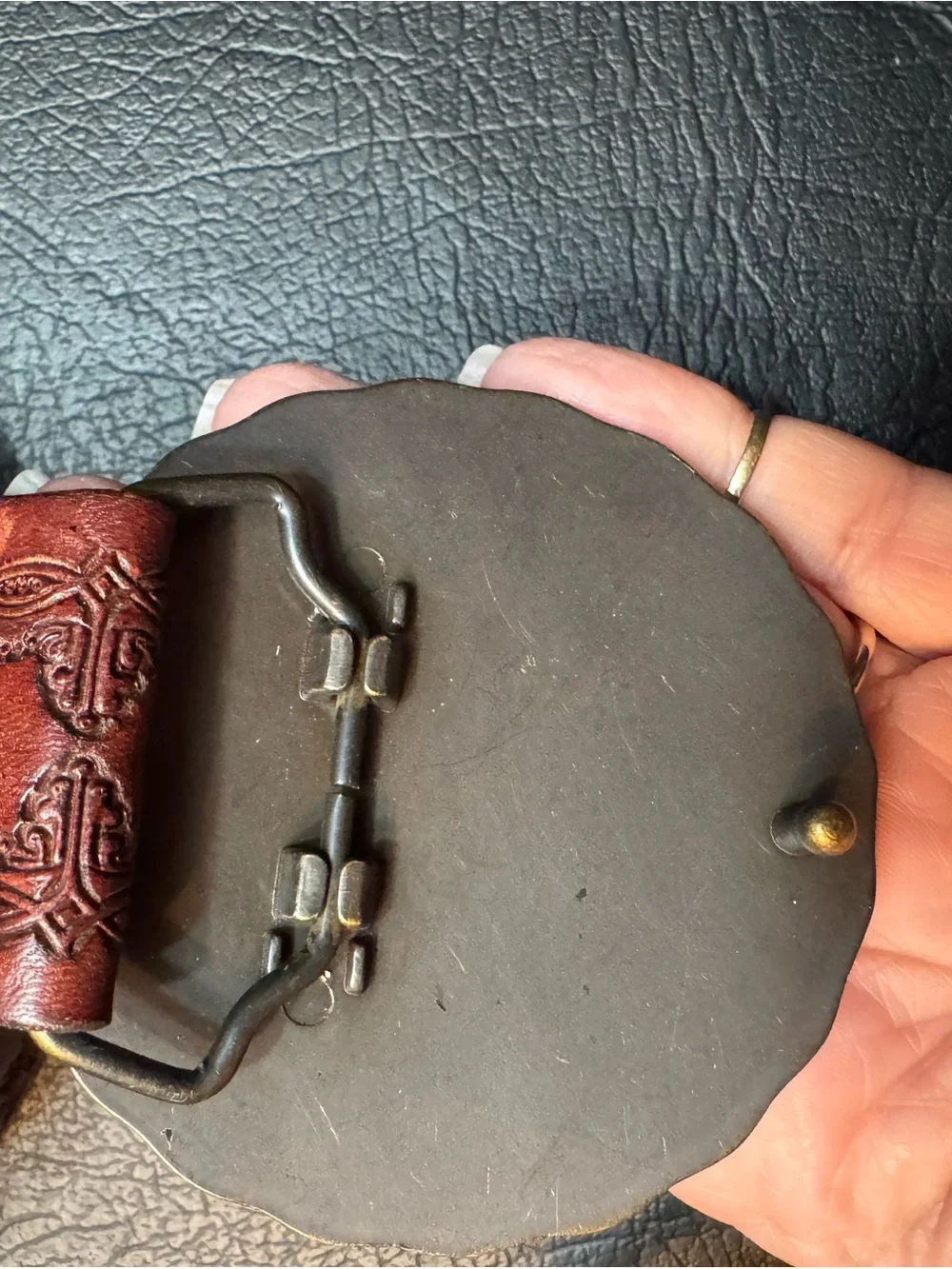Fossil Genuine Leather Tooled Concho Belt Brown Western Boho Floral Medallion - Picture 8 of 8
